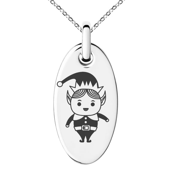 Stainless Steel Happy Elf Engraved Small Oval Charm Pendant Necklace