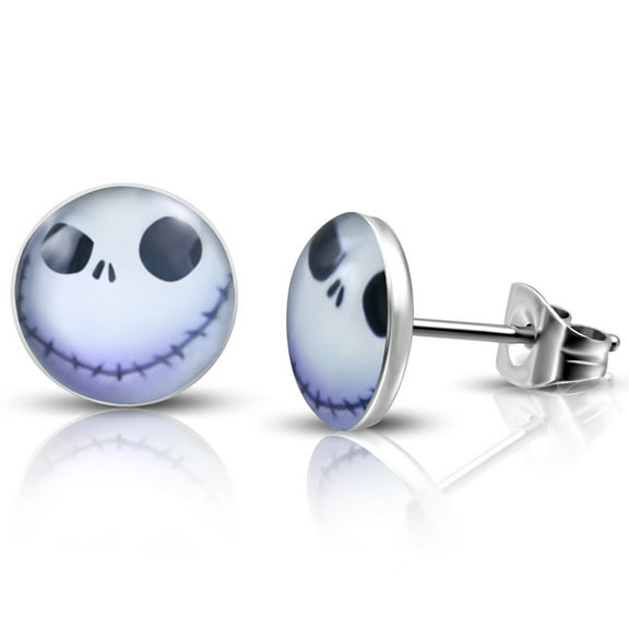 Stainless Steel Happy Jack Skellington Round Circle Button Stud Post Earrings