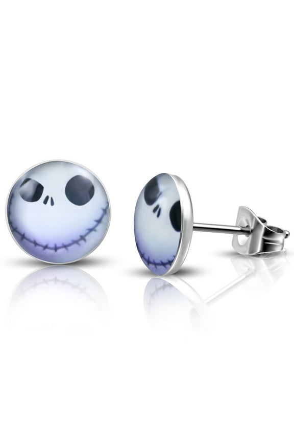 Stainless Steel Happy Jack Skellington Round Circle Button Stud Post Earrings