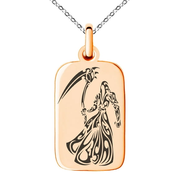 Stainless Steel Harbinger Grim Reaper Engraved Small Rectangle Dog Tag Charm Pendant Necklace