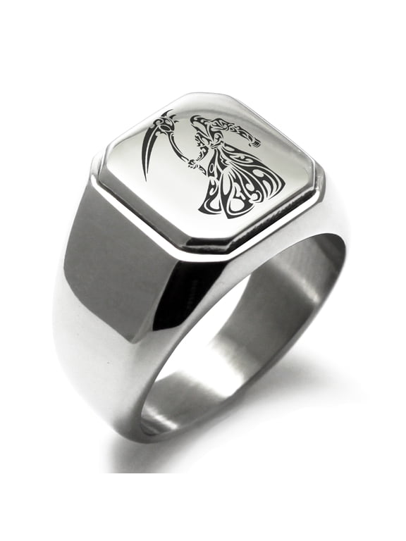 Stainless Steel Harbinger Grim Reaper Engraved Square Flat Top Biker Style Polished Ring