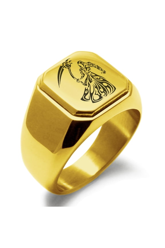 Stainless Steel Harbinger Grim Reaper Engraved Square Flat Top Biker Style Polished Ring