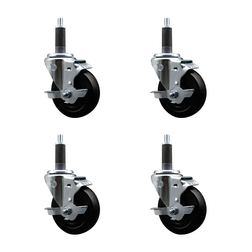 Stainless Steel Hard Rubber Swivel Expanding Stem Caster Set of 4 w/4" x 1.25" Black Wheels and 1" Stems - Includes 4 with Top Lock Brakes - 1200 lbs Total Capacity - Service Caster Brand - image 1 of 4
