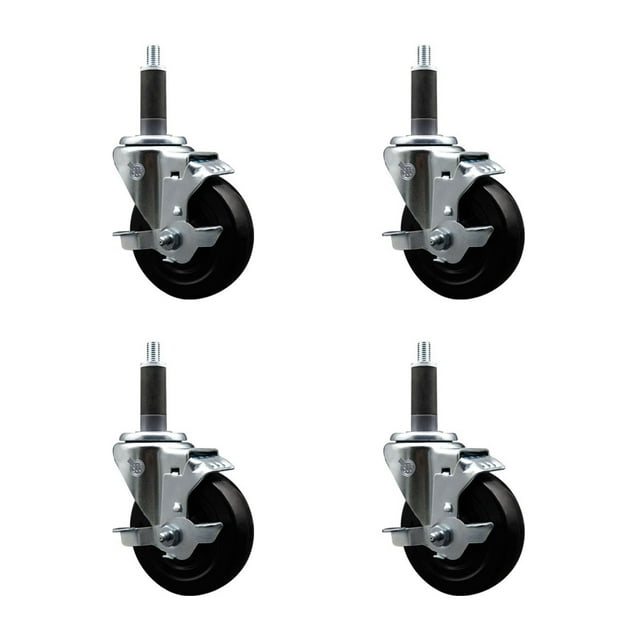 Stainless Steel Hard Rubber Swivel Expanding Stem Caster Set of 4 w/4" x 1.25" Black Wheels and 1" Stems - Includes 4 with Top Lock Brakes - 1200 lbs Total Capacity - Service Caster Brand