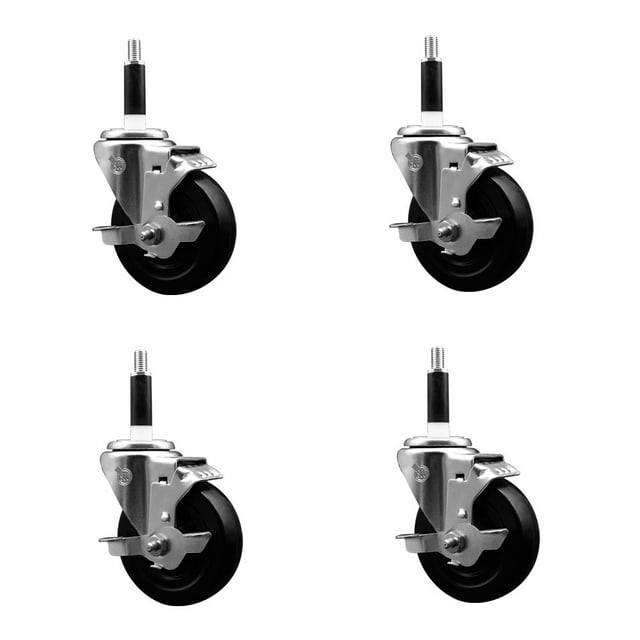 Stainless Steel Hard Rubber Swivel Expanding Stem Caster Set of 4 w/4" x 1.25" Black Wheels and 7/8" Stems - Includes 4 with Top Lock Brakes - 1200 lbs Total Capacity - Service Caster Brand