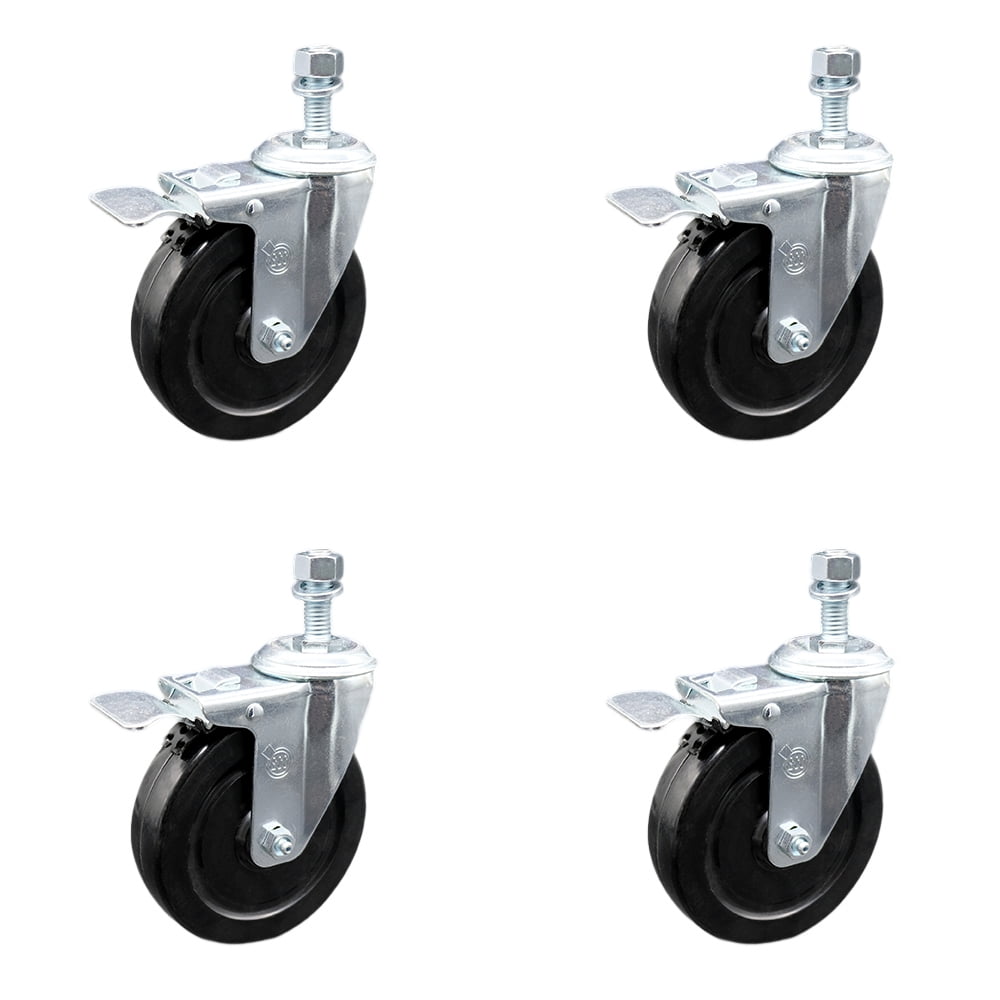 Stainless Steel Hard Rubber Swivel Threaded Stem Caster Set of 4 w/5" x