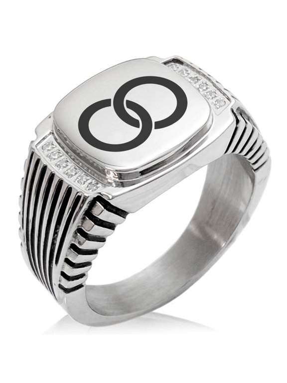 Stainless Steel Hatakeyama Samurai Crest CZ Ribbed Needle Stripe Pattern Biker Style Polished Ring