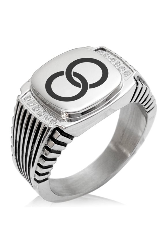 Stainless Steel Hatakeyama Samurai Crest CZ Ribbed Needle Stripe Pattern Biker Style Polished Ring