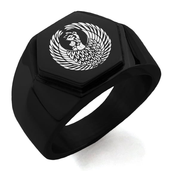 Tioneer Stainless Steel Hatano Samurai Crest Engraved Hexagon Crest Flat Top Biker Style Polished Ring