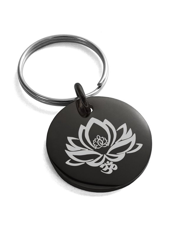 Stainless Steel Healing Lotus Om Engraved Small Medallion Circle Charm Keychain Keyring