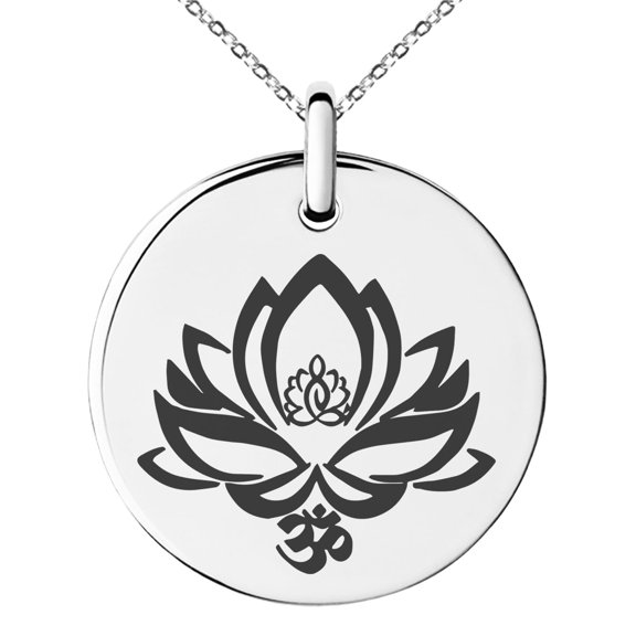 Stainless Steel Healing Lotus Om Engraved Small Medallion Circle Charm Pendant Necklace
