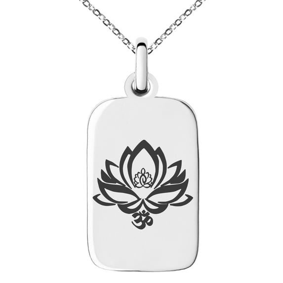 Tioneer Stainless Steel Healing Lotus Om Engraved Small Rectangle Dog Tag Charm Pendant Necklace