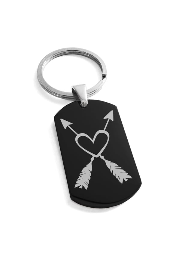 Stainless Steel Heart + Arrows Engraved Dog Tag Keychain Keyring