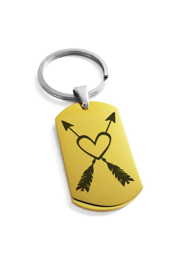 Stainless Steel Heart + Arrows Engraved Dog Tag Keychain Keyring