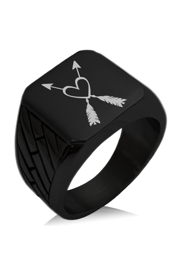 Stainless Steel Heart + Arrows Geometric Pattern Biker Style Polished Ring