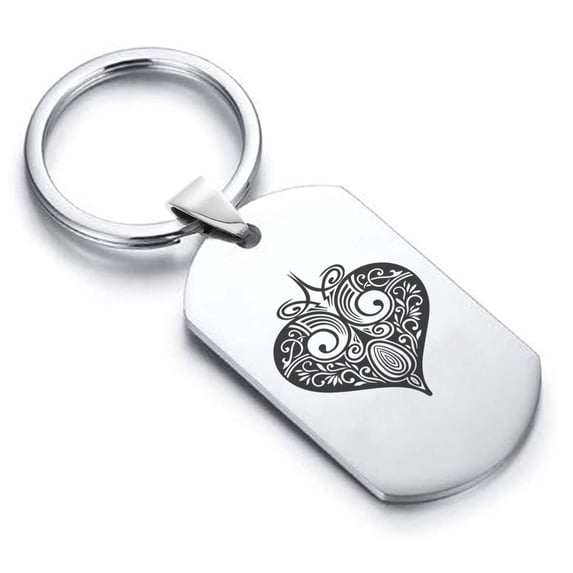 Stainless Steel Heart Card Suit Dog Tag Keychain Circle Ring