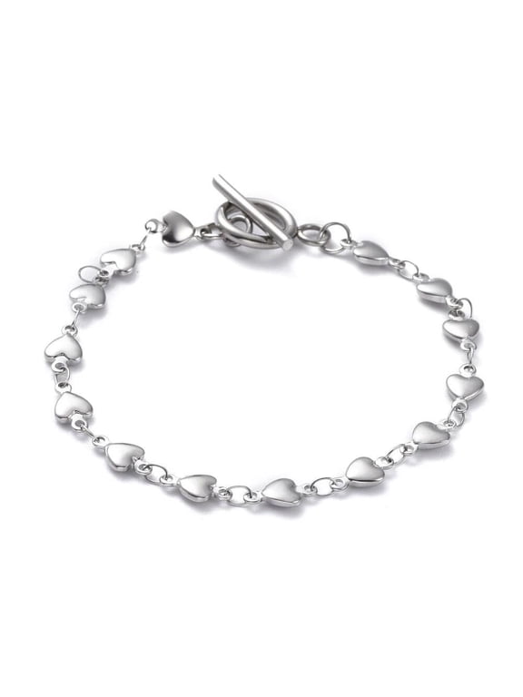 Stainless Steel Heart Chain Bracelet Steel Toggle Silver 7.5" Z163