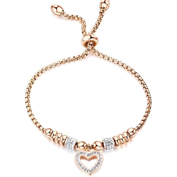 Stainless Steel Heart Charm Adjustable Size Beaded Strand Style Wedding Statement Holiday Bracelet