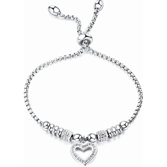 Stainless Steel Heart Charm Adjustable Size Beaded Strand Style Wedding Statement Holiday Bracelet