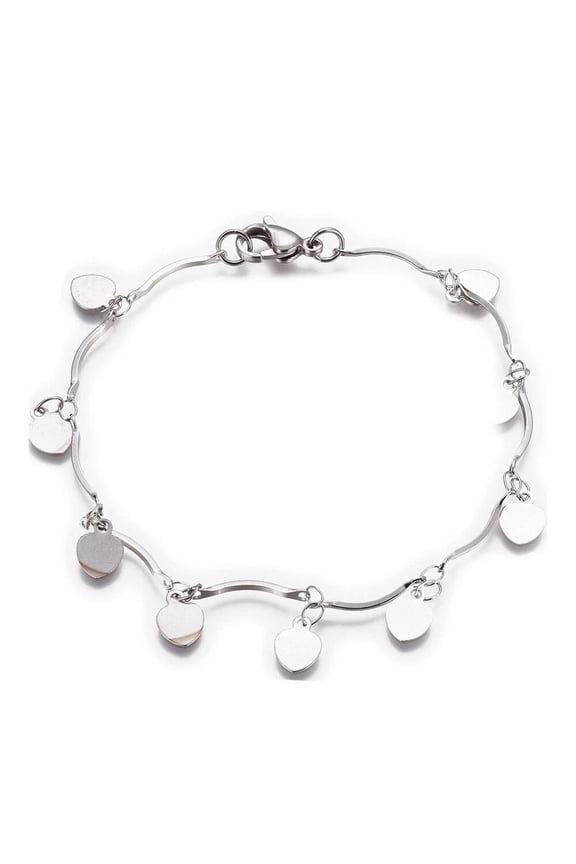 Stainless Steel Heart Charm Bracelet Bar Bracelet Lobster Silver 7.6" Z86