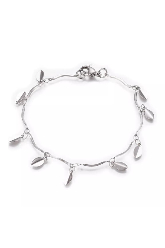 Stainless Steel Heart Charm Bracelet Bar Bracelet Lobster Silver 7.6" Z88