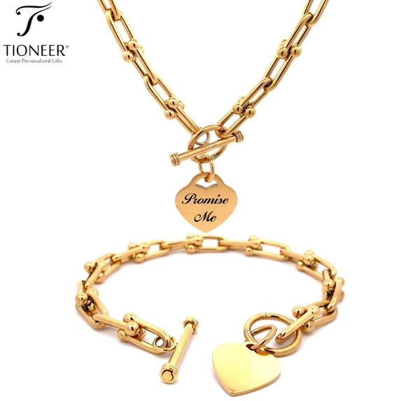 Tioneer Stainless Steel Heart Charm Bracelet / Necklace Oval Links or Hardware Link