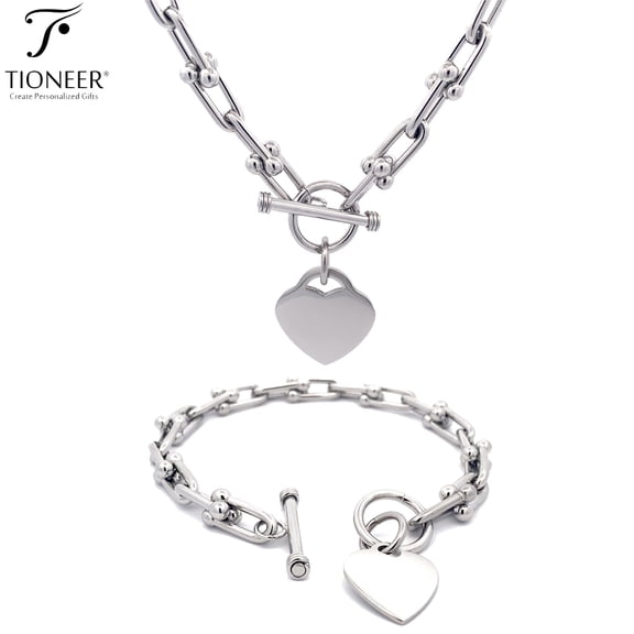 Tioneer Stainless Steel Heart Charm Bracelet / Necklace Oval Links or Hardware Link