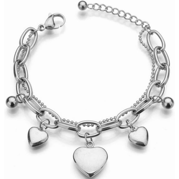 Stainless Steel Heart Charm Linked Chain Strand Bracelet