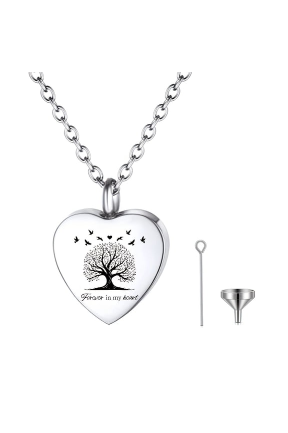 Stainless Steel Heart Cremation Urn Necklace for Ashes - Memorial Keepsake with Tree & Birds Design, "Forever in My Heart" Inscription, Waterproof Locket Charm Pendant for Men & Women, Includes
