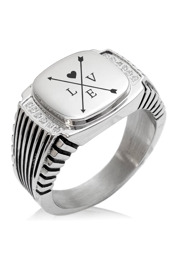 Stainless Steel Heart Love Arrow Compass CZ Ribbed Needle Stripe Pattern Biker Style Polished Ring