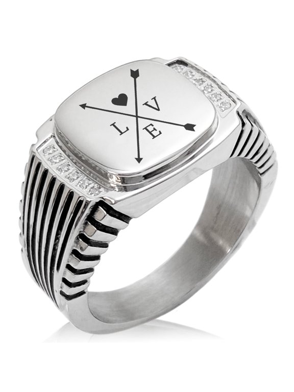 Stainless Steel Heart Love Arrow Compass CZ Ribbed Needle Stripe Pattern Biker Style Polished Ring