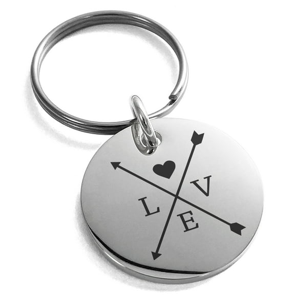 Stainless Steel Heart Love Arrow Compass Engraved Small Medallion Circle Charm Keychain Keyring