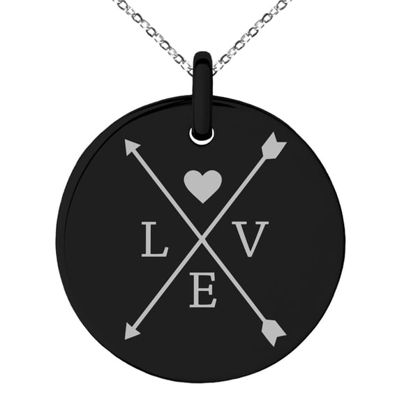Stainless Steel Heart Love Arrow Compass Engraved Small Medallion Circle Charm Pendant Necklace