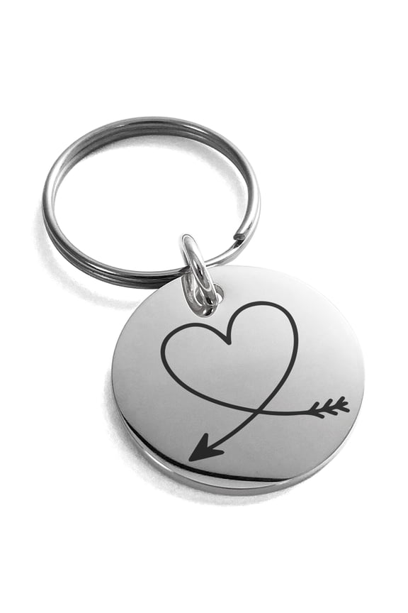 Stainless Steel Heart Love Arrow Engraved Small Medallion Circle Charm Keychain Keyring