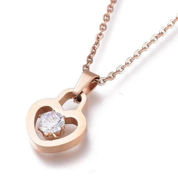 Stainless Steel Rose Gold Heart Padlock Bead Rhinestone Pendant Necklace 16.5 Inch Lobster Clasp Z502