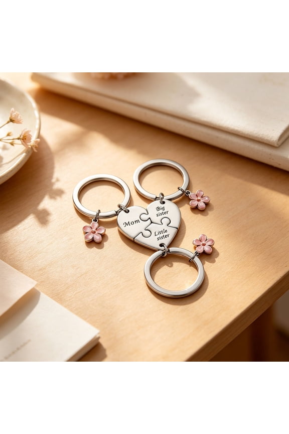 Stainless Steel Heart Puzzle Keychain Set, Split Heart Design For Family, Mom Sister Matching Charm Piece, Engraved Keepsake Accent, 3-Piece Collection