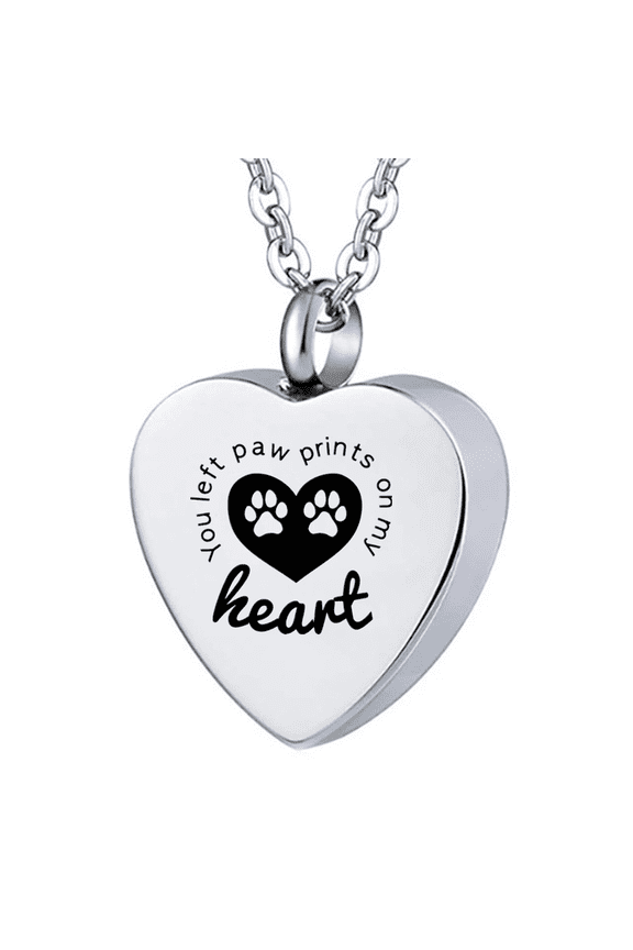Stainless Steel Heart Shape Pet Urns Necklace for Dogs Cats Ashes Paw Cremation Ash Pendant for Pet Lover Remembrance Keepsake,You Left Paw Prints on My Heart