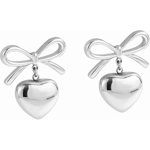 Stainless Steel Heart Shaped Bowtie Charm Dangle Drop Earrings