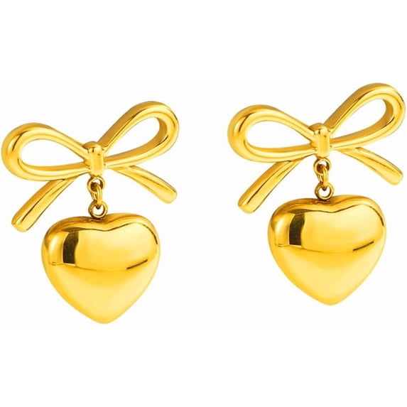 Stainless Steel Heart Shaped Bowtie Charm Dangle Drop Earrings