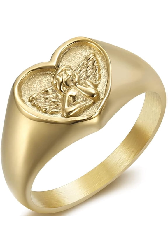 Stainless Steel Heart Shaped Signet Style Angel Pattern Statement Promise Wedding Ring