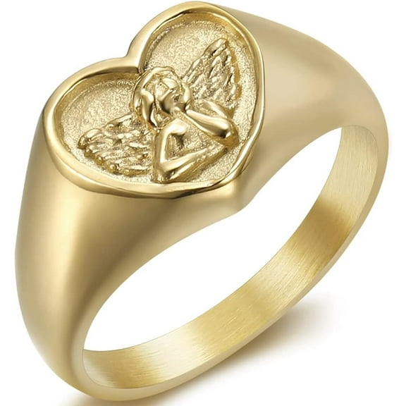 Stainless Steel Heart Shaped Signet Style Angel Pattern Statement Promise Wedding Ring