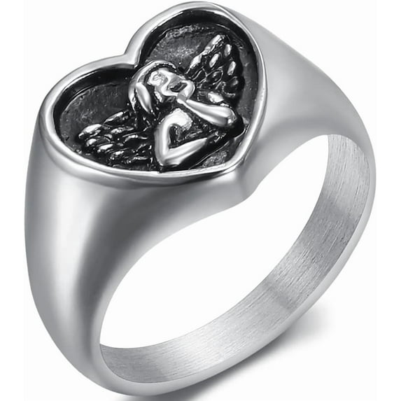 Stainless Steel Heart Shaped Signet Style Angel Pattern Statement Promise Wedding Ring