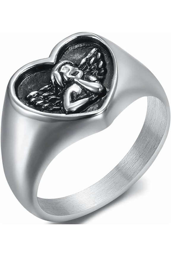 Stainless Steel Heart Shaped Signet Style Angel Pattern Statement Promise Wedding Ring