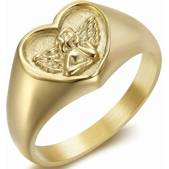 Stainless Steel Heart Shaped Signet Style Angel Pattern Statement Promise Wedding Ring