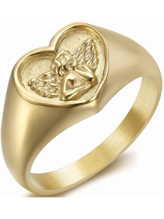 Stainless Steel Heart Shaped Signet Style Angel Pattern Statement Promise Wedding Ring