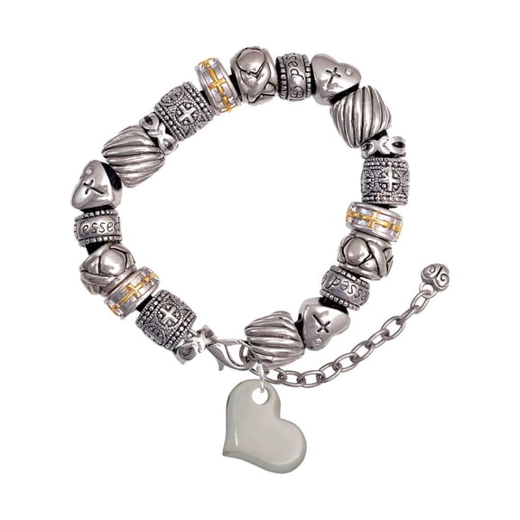 Stainless Steel Heart Silver Tone Christian Bead Bracelet