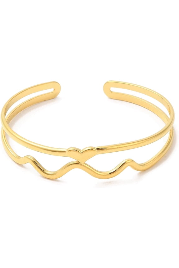 Stainless Steel Heart Wave Cuff Bangle Real 18K Gold Plated Open Jewelry Bracelet for Women Bridesmaids Gifts