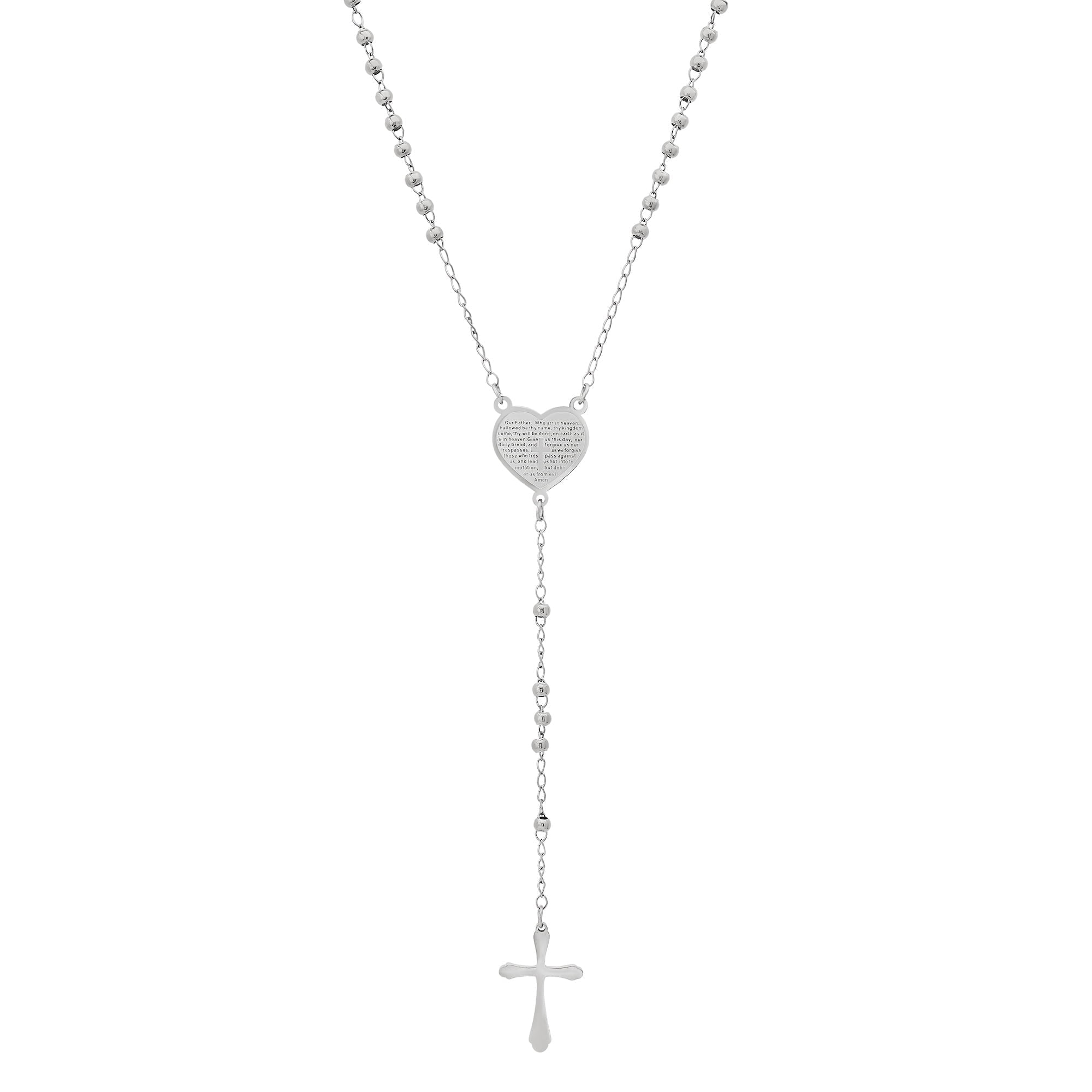 Stainless Steel Beaded Rosary Heart and Cross Necklace