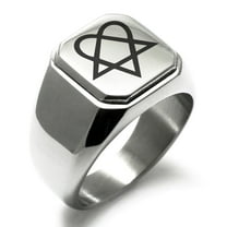 Stainless Steel Heartagram Engraved Square Flat Top Biker Style Polished Signet Ring