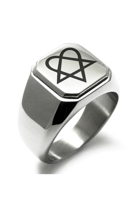 Stainless Steel Heartagram Engraved Square Flat Top Biker Style Polished Signet Ring